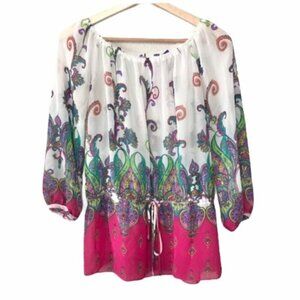 Boutique Trac Sheer Floral Paisley Boho Off Shoulder Long Sleeve S